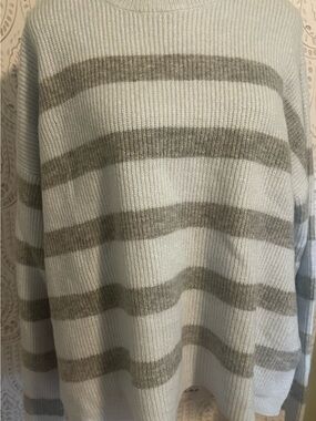 Halogen Light Blue and Taupe Striped Crewneck Sweater